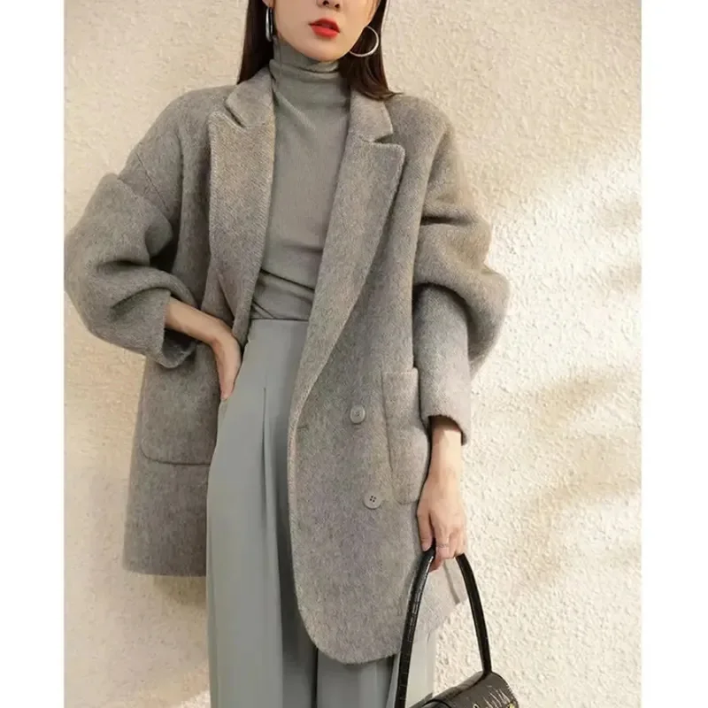 Korea Woolen Long Jackets Coats Tops Winter Laper Double Breasted Abrigos Casual Chaquetas Overcoat Classic Women Warm Casacos