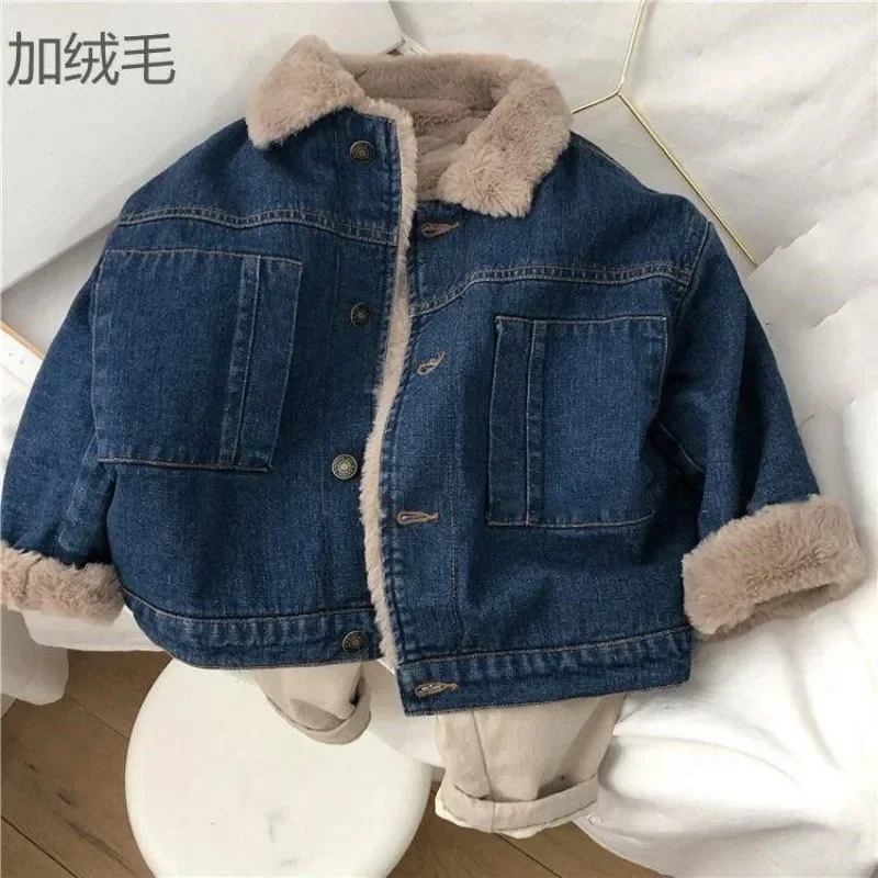 2024 Autumn Winter Children Big Boy Outerwear Coat Fleece Thicken Warm Toddler Boys Denim Jacket Kids Girls Parkas 2-11 Yrs