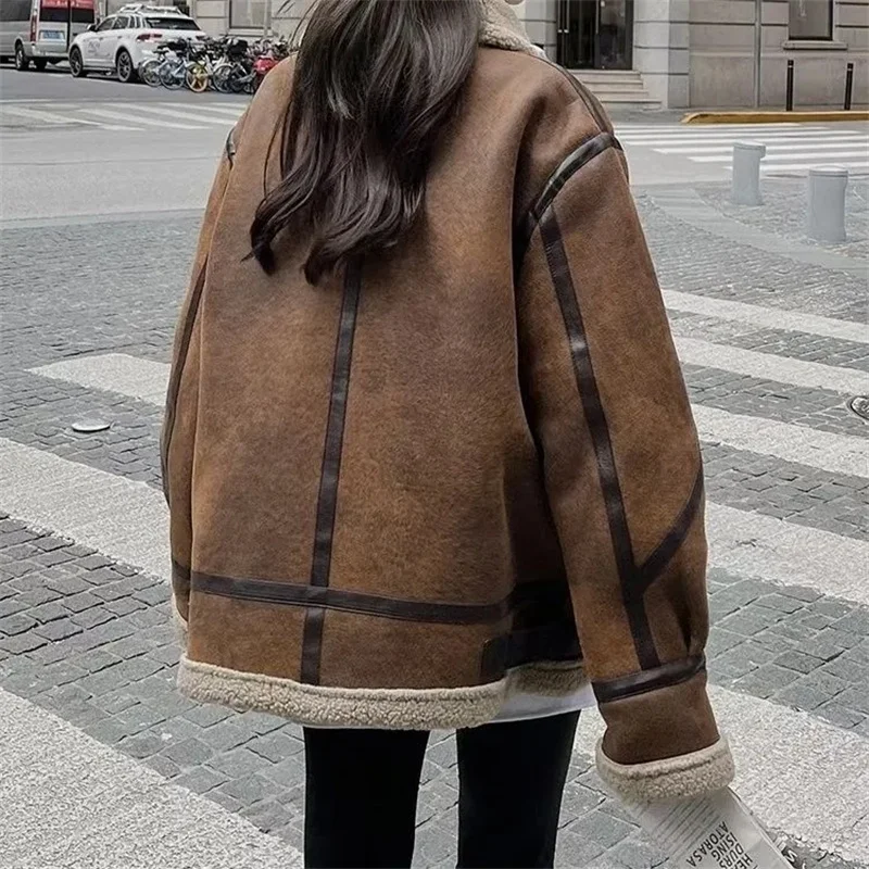 Vintage Lamb Fur Coat For Women Autumn Winter 2024 New Loose Korean Motorcycle Suit Thickened Jacket Caramel Coat For Women