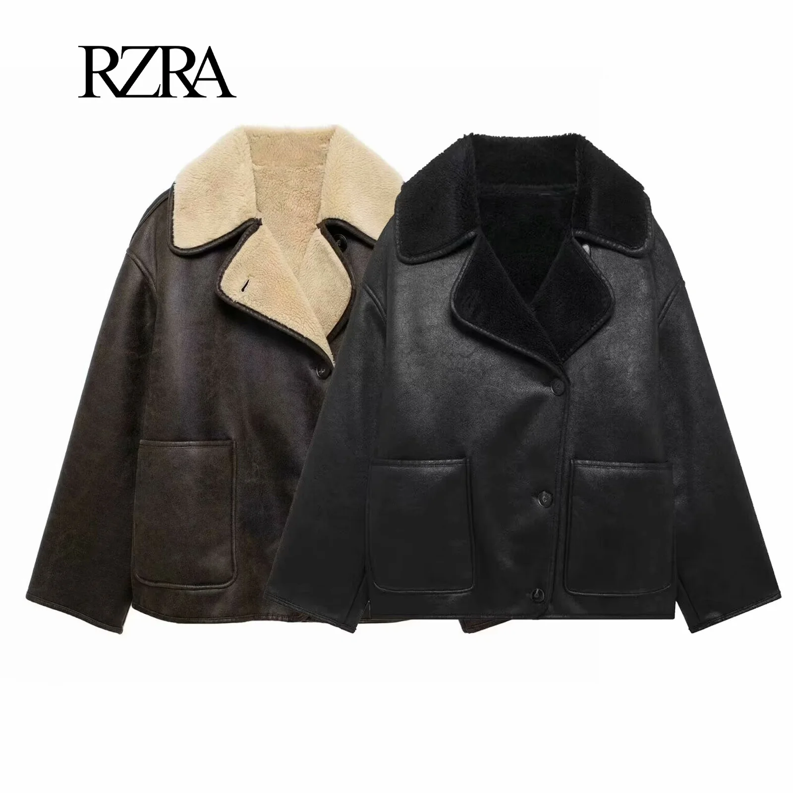 RZRA Women’s new Autumn/Winter 2024 coat lapel single-breasted pockets to dress up commuter chic short leather jacket