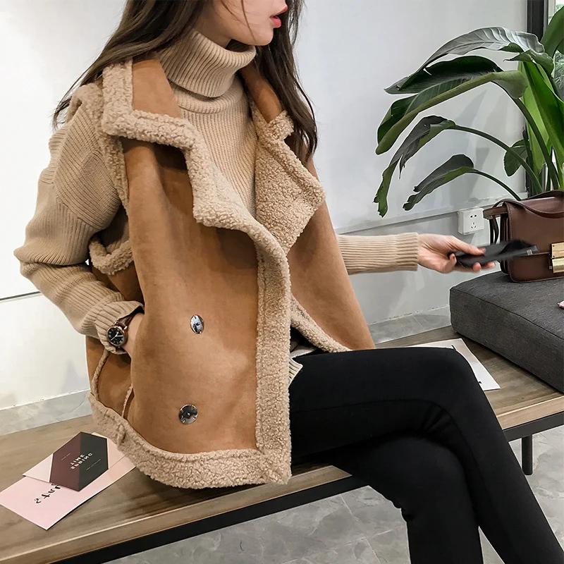 Lamb Plush Vest Cardigan Jacket Casual Sleeveless Shearling Coat Black New In Outerwears For Women Clothes Loose Korean Winter