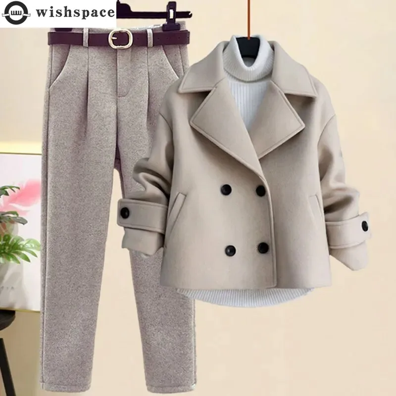 2024 Autumn Winter Wool Suit Jacket Jacket Long Sleeve Knitted Sweater Casual Trousers Three Piece Set Elegant Women’s Pant Set