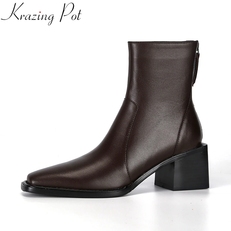 Krazing Pot Big Size 43 Cow Leather High Heels Winter Shoes Classics Chelsea Boots Square Toe Zipper Concise Dating Ankle Boots